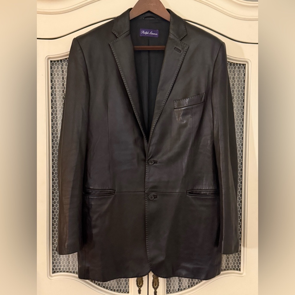 Ralph Lauren Purple Label Butter Soft Lamb Leather Black Blazer Jacket Size 42R